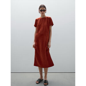 Massimo Dutti Satin Midi Dress Rust Brown Crinkle Short Sleeve Minimalist US 4